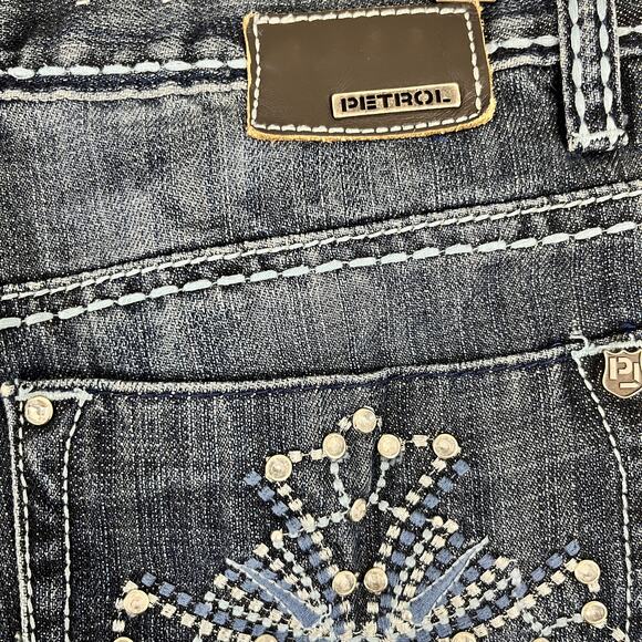 Petrol Alex Boot Cut Dark Blue Jeans White Stitching Low Rise Rhinestone Design - Picture 6 of 8